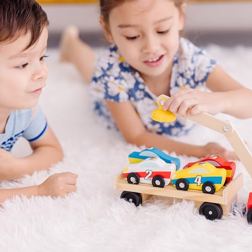 Amazon Melissa & Doug Magnetic Car Loader Wooden Toy Set with 4 Cars and 1 Semi-Trailer Truck Crane Wooden Toy, Vehicle Toys for Kids Ages 3+