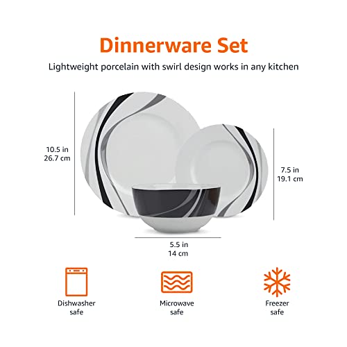 Amazon Basics 18-Piece Kitchen Dinnerware Set, Plates, Dishes, Bowls, Service for 6, Swirl