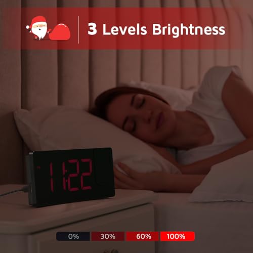 Projection Alarm Clock, Digital Clock with 180° Rotatable Projector, 3-Level Brightness Dimmer, Clear LED Display, USB Charger, Progressive Volume, 9mins Snooze,12/24H, for Bedroom