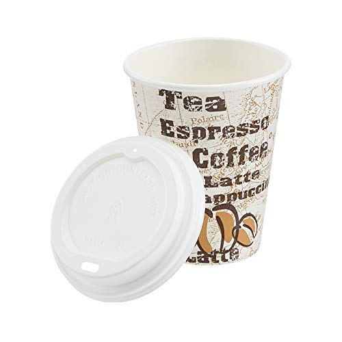 Amazon Amazon Basics to Go Hot Paper Coffee Cups with Lids, 12 oz, Café Design, Disposable, 100-Count