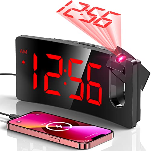 Projection Alarm Clock, Digital Clock with 180° Rotatable Projector, 3-Level Brightness Dimmer, Clear LED Display, USB Charger, Progressive Volume, 9mins Snooze,12/24H, for Bedroom