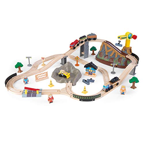 KidKraft Bucket Top Construction Wooden Train Set with Bulldozer, Working Crane, Tracks, Storage and 61 Play Pieces, Gift for Ages 3+