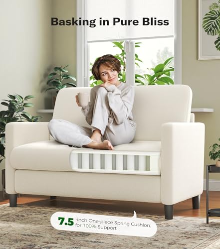 Amazon 51" Sofas for Living Room, Comfy Loveseat Sofa, Teddy Fleece Love Seat Couch, Tool-Free Setup Couches for Living Room, All-Wood Sofa Couches, Small Couch No Pillow, Beige