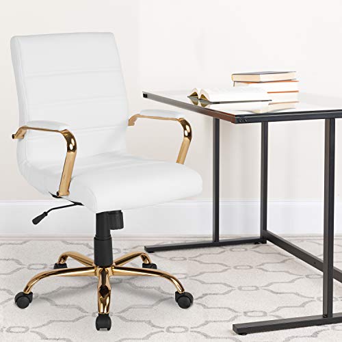 Flash Furniture Whitney Mid-Back Desk Chair - White LeatherSoft Executive Swivel Office Chair with Gold Frame - Swivel Arm Chair