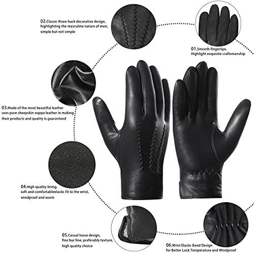 Harssidanzar Leather Gloves for Men,Winter Sheepskin Driving Riding Gloves Cashmere Lined