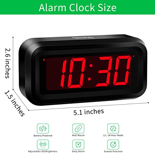 Alarm Clock, Digital Clock, Small Wall Clock, Battery Operated, Adjustable 3-Level Led Brightness, Dim Night Mode, 12/24Hr, Cordless, Constantly 1.2'' Digits Display for Bedroom/Travel, Easy to Set