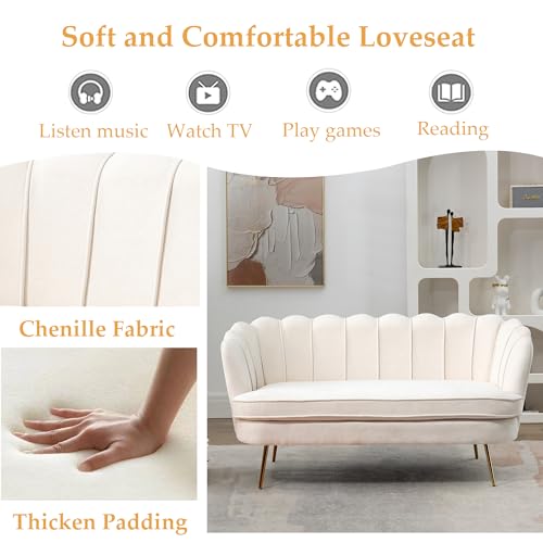 Amazon 59” Small Modern Chenille Loveseat Sofa, 2-Seater Sofa with Gold Metal Legs, Small Couch with Flower Shaped Back for Living Room Bedroom Office (Beige & Chenille)