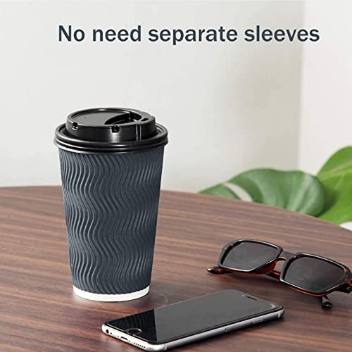 Disposable Paper Coffee Cups with Lids, 90 pack 16 oz Ripple Wall Paper Cups, Corrugated Insulated To Go Cups for Cold Beverage, Recyclable Takeaway Hot Drinking Cups for Home Kitchen Cafe Parties