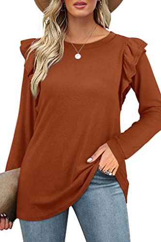 Dofaoo Long Sleeve Shirts for Women Casual Crewneck Ruffle Tops Loose Fit