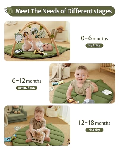 Blissful Diary Baby Play Gym & Activity Mat, Oversize Leaf Shaped Baby Play Mat w 6 Detachable Toys, Tummy Time Mat Promote Motor Skills & Sensory Development Mat, Newborn Infant Baby Essentials Gift