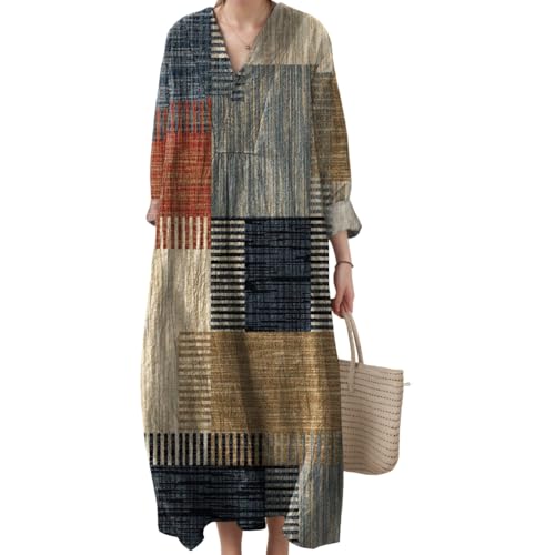 Amazon Akivide Women's V Neck Boho Floral Linen Maxi Dress Casual Plus Size Long Sleeve Beach Vacation Tunic Dresses with Pockets