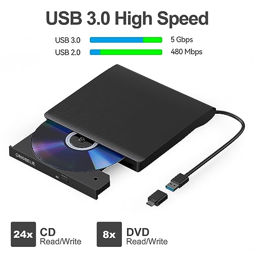 ORIGBELIE External CD/DVD Drive for Laptop, USB 3.0 CD Burner +/-RW CD ...
