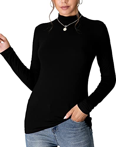 MANGDIUP Women's Mock Turtleneck Long Sleeve Sleeveless Pullover Tops Slim Fit Basic T-Shirts