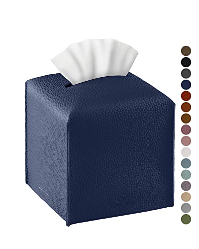 Amazon Tissue Box Cover, Jeethemy Square PU Leather Tissue Box Holder, Modern Tissue Case Facial Paper Organizer Dispenser，5X5X5'',Single Navy Blue