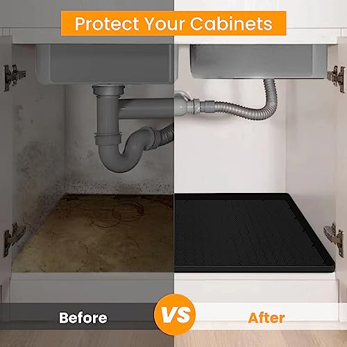 Under Kitchen Sink Mats and Protectors 31x22 Under Sink Drip Tray Kitchen Cabinet Liner Holds Over 2.2 Gallons for Kitchen Bathroom Pet Mat(Black)