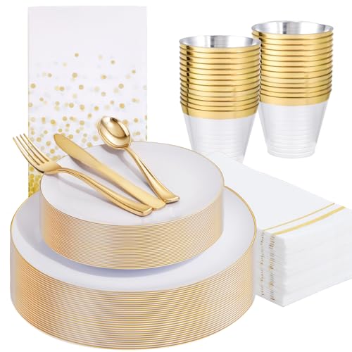 176Pcs White and Gold Plastic Plates - White Plastic Plates with Gold Rim 25Guest include 25Dinner Plates 25Dessert Plates 25Cups 25 Cutlery 25Napkins 1Tablecloth for Party&Weeding&Christmas