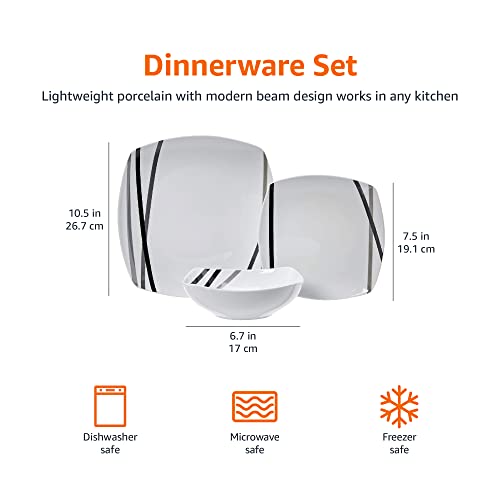 Amazon Basics 18-Piece Kitchen Dinnerware Set - Square Plates, Bowls, Service for 6 - Modern Beams