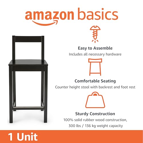Amazon Amazon Basics Wooden Bar Stool with Backrest 24", Black, 1 Unit