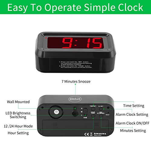 Alarm Clock, Digital Clock, Small Wall Clock, Battery Operated, Adjustable 3-Level Led Brightness, Dim Night Mode, 12/24Hr, Cordless, Constantly 1.2'' Digits Display for Bedroom/Travel, Easy to Set