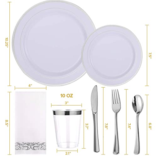 JOLLY CHEF 700 Count Silver Dinnerware Set-200 White and Silver Plastic Plates-Set of 300 Silver Plastic Silverware-100 Silver Plastic Cups-100 Disposable Hand Towel-Disposable Silver Dinnerware
