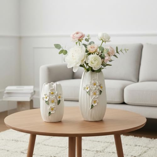 Amazon White Vase - Modern Boho Vases for Centerpieces, Minimalist Decorative Flower Vase for Pampas Grass, Dining Room Table, Shelf, Bathroom Decor, 9 Inch