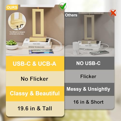 Bedroom Table Lamps Set of 2 - Touch Bedside Lamps with USB C+A, 3 Way Dimmable Gold Lamp for Nightstand, Modern Night Stands Lamps for Living Room End Tables Desk Bed Side Study Room(19.6in)