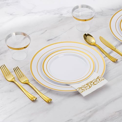 350 Piece Gold Dinnerware Set for 50 Guests, Plastic Plates Disposable for Party, Include: 50 Gold Rim Dinner Plates, 50 Dessert Plates, 50 Paper Napkins, 50 Cups, 50 Gold Silverware Set