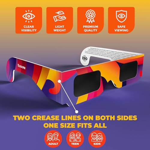 Solar Eclipse Glasses AAS Approved 2024, (10 Pack) CE and ISO Certified Eclipse Observation Glasses, Safe Shades for Direct Sun Viewing, Bonus Smartphone Photo Filter Lens, Colorful Waves Design