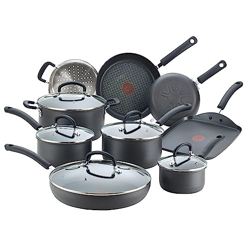 T-fal Ultimate Hard Anodized Nonstick Cookware Set 14 Piece Oven Broiler Safe 400F, Lid Safe 350F Pots and Pans, Dishwasher Safe Black