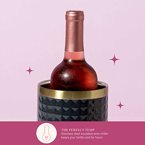 Paris Hilton Wine Bottle Chiller Set, Insulated Double Wall Chiller, Gold Winged Corkscrew Wine Bottle Opener, Diamond Wine Stopper, 3-Piece Set, Charcoal Gray