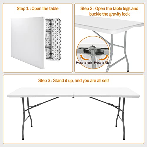 ANJONG ANJ 6FT Folding Table Portable Plastic Folding Utility Folding Table Plastic Dining Table Indoor Outdoor Camping, picnics and Parties