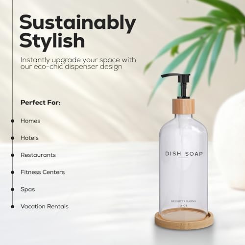 Clear Glass Dish Soap Dispenser for Kitchen Sink by Brighter Barns - Kitchen Soap Dispenser Set with Bamboo Tray - Modern Kitchen Decor and Accessories, Minimalist Decor, Neutral Home Decor (Clear)