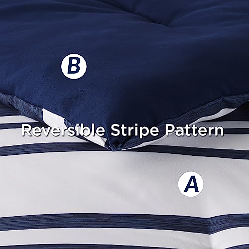 Bedsure Sheets Queen Size Bed Set 7 Pieces, Navy & White Striped Bedding Sets All Season Bed in a Bag, 1 Comforter, 1 Flat Sheet, 1 Fitted Sheet, 2 Pillowcases & 2 Shams
