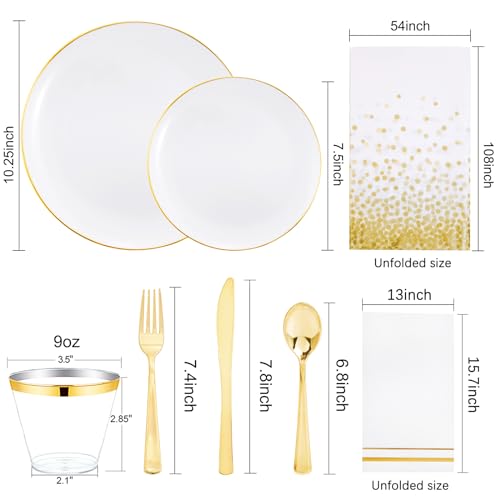 Festiva 176Pcs White and Gold Plastic Plates - White Plastic Plates with Gold Rim 25Guest include 25Dinner Plates 25Dessert Plates 25Cups 25 Cutlery 25Napkins for Thanksgiving Party&Wedding&Christmas