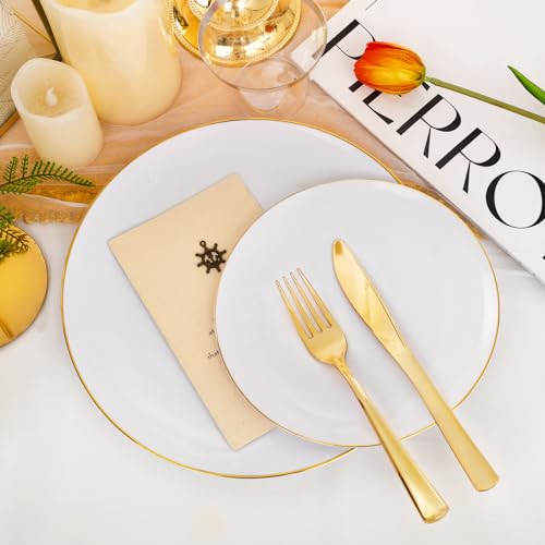 Festiva 176Pcs White and Gold Plastic Plates - White Plastic Plates with Gold Rim 25Guest include 25Dinner Plates 25Dessert Plates 25Cups 25 Cutlery 25Napkins for Thanksgiving Party&Wedding&Christmas