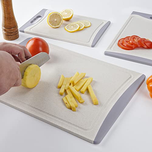 Extra Large Cutting Boards, Plastic Cutting Boards for Kitchen (Set of 3) Cutting Board Set Dishwasher Chopping Board with Juice Grooves Easy-Grip Handles, Beige, Empune