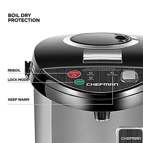 Chefman Electric Hot Water Pot Urn w/ Manual Dispense Buttons, Safety Lock, Instant Heating for Coffee & Tea, Auto-Shutoff/Boil Dry Protection, Insulated Stainless Steel, 5.3L/5.6 Qt/30+ Cups