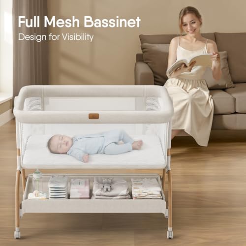Amazon Baby Bassinet Bedside Crib, 3-in-1 Baby Bassinet Bedside Sleeper with Mattress and Soft, Breathable Sheet, Full-Mesh Sides, 6-Height Adjustable, Stable and Secure Crib for Newborns