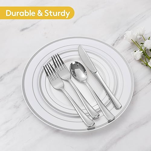 600 Piece Disposable Silver Plates for 100 Guests, Plastic Dinnerware Set of 100 Dinner Plates, 100 Salad Plates, 100 Spoons, 100 Forks, 100 Knives, 100 Cups, Plastic Plates for Party, Weeding