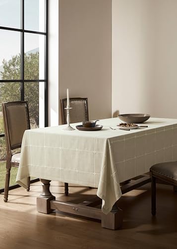 ZeeMart Grid Embroidered Hemmed Tablecloths, Ivory 60x120 Inch, Farmhouse Style Heavy Weight Cotton Linen Ivory Tablecloths, Boho Plaid Water Resistant Rectangle Table Cloth