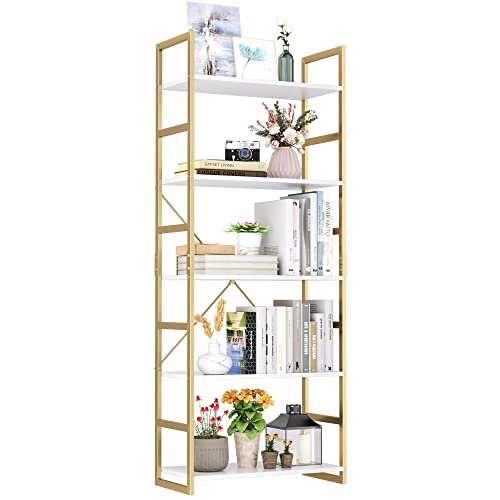 finetones 5 Tier Bookshelf, Industrial Gold Bookcase with Metal Frame, Modern Display Shelves Plant Flower Stand Rack for Bedroom Living Room Home Office, White and Gold