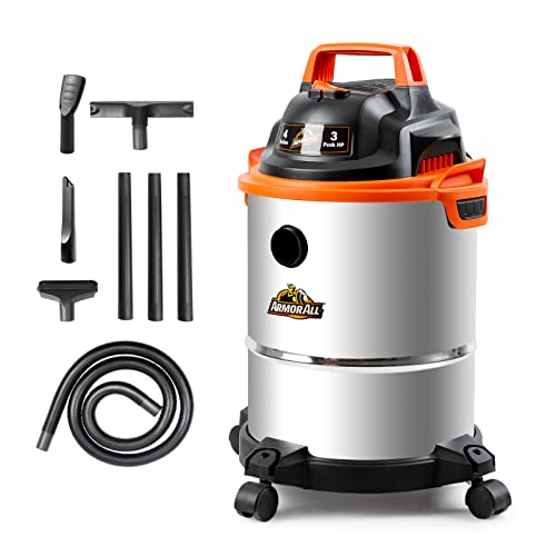 Armor All VO408S 0901 4 Gallon Wet/Dry Vac 3.0 Peak HP Shop Vacuum with 3 Nozzles and 1 Brush, Stainless Steel Tank, Orange