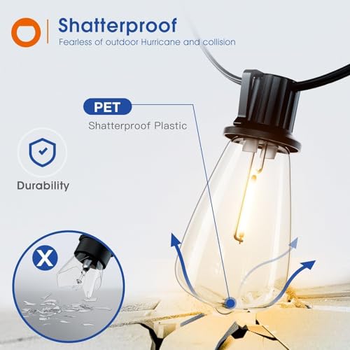 addlon 100FT(50FT*2) LED Outdoor String Lights Waterproof Patio Lights with 32 Shatterproof ST38 Replaceable Bulbs(2 Spare), Dimmable Outside Hanging Lights Connectable for Porch, Backyard, 2200K