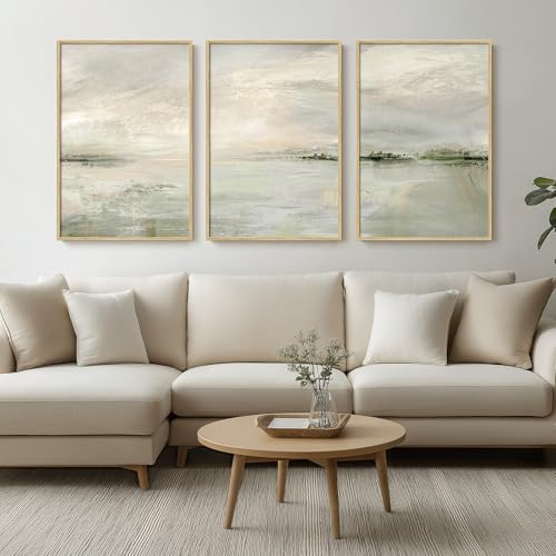 Amazon Framed Extra Large Green Abstract Wall Art for Living Room, 3 Piece Contemporary Landscape Canvas Artwork, Modern Minimalist Painting Prints for Dining Room Hallway Home Office Wall Decor, 24x36 Inch