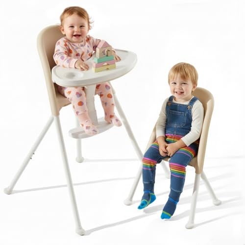 Amazon Mallify Foldable High Chair, Space-Saving Portable Baby High Chair with Removable Double Tray, Modern Convertible Baby Feeding Chair, Lightweight, Easy to Clean, Beige