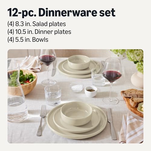 Amazon Amazon Basics Glazed Stoneware Dinnerware, Ceramic 12-Piece Set, 4 Full Place Settings, Dishwasher-Safe, Ivory