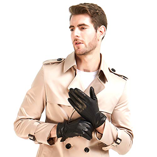 Harssidanzar Leather Gloves for Men,Winter Sheepskin Driving Riding Gloves Cashmere Lined