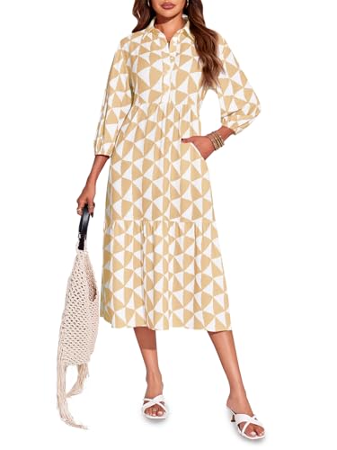 Amazon Wenrine Womens Boho Midi Dress Long Sleeve Casual Color Block Beach Button Down Shirt Dress