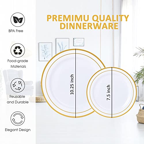 Gold Plastic Party Plates, MCIRCO 100 Pieces, Disposable for Weddings, Premium Heavy Duty Gold Rim Plates, Include 50 10.25 Inch Dinner Plates and 50 7.5 Inch Dessert Appetizer Plates