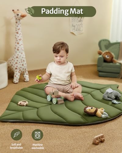 Blissful Diary Baby Play Gym & Activity Mat, Oversize Leaf Shaped Baby Play Mat w 6 Detachable Toys, Tummy Time Mat Promote Motor Skills & Sensory Development Mat, Newborn Infant Baby Essentials Gift